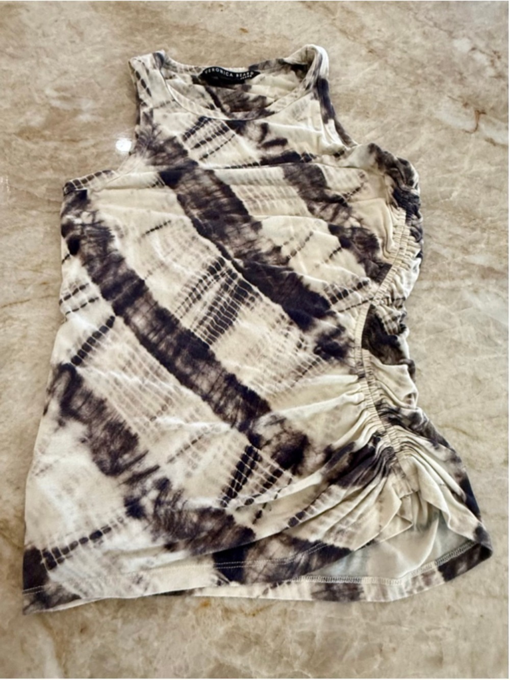 Veronica Beard Tie-Dye Ruched Tank Top S Beige Black, double layered stretch.